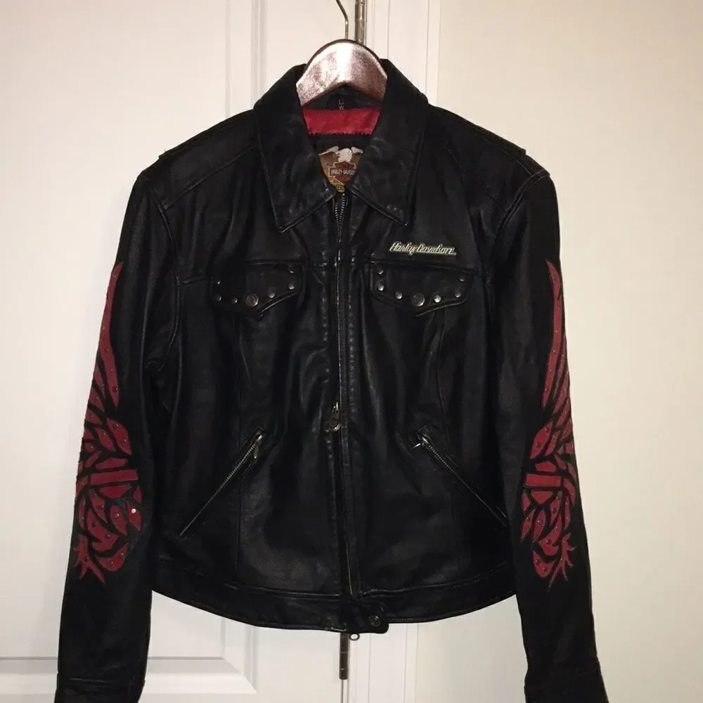 HARLEY DAVIDSON WOMENS SANTA CRUZ Black LEATHER JACKET suede eagle print sleeves